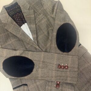 Zara Brown Check Blazer Jacket Elbow Patch Sz Xs Smart Business Career Wear Prof